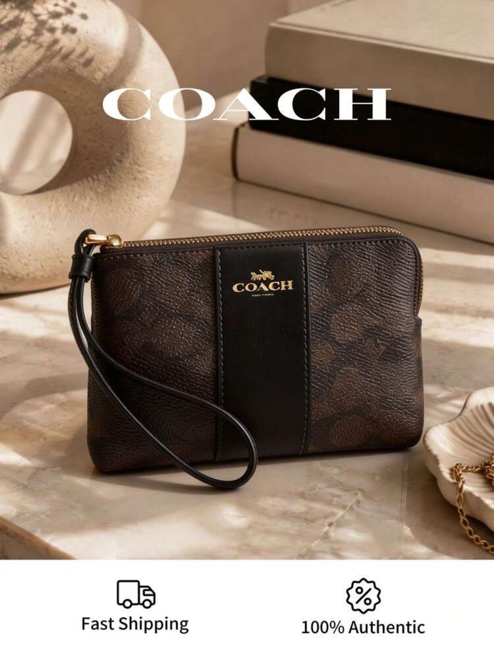Coach Brown Signature Canvas Wristlet with Black Leather Center Stripe